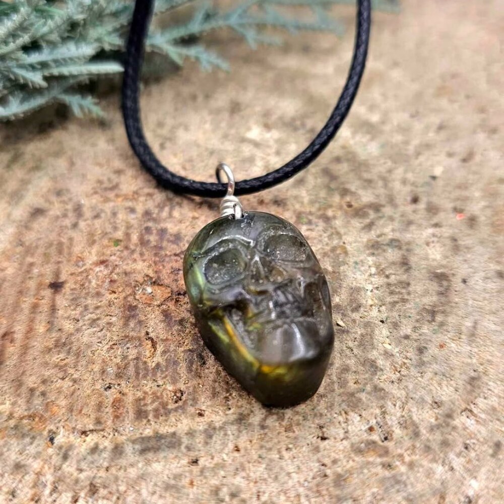 Nature Labradorite Carved Skull Pendant Necklace - Picture 9 of 10